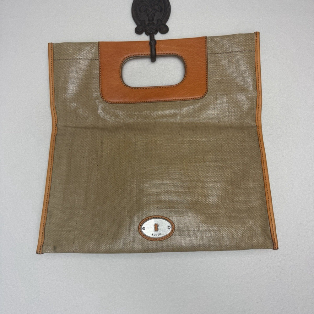 Fossil Key-Per Foldover Handbag Coated Canvas Tan Leather Trim Cutout Handle
